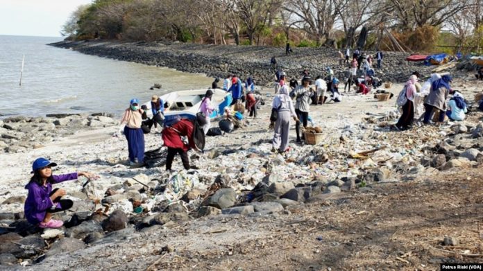 Sekitar 100 orang muda-mudi yang tergabung dalam Global Peace Youth Surabaya, melakukan aksi bersih pantai Kenjeran Surabaya yang banyak terdapat sampah plastik (Foto VOA Petrus Riski).