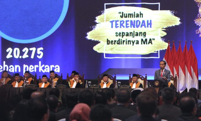 Presiden Joko Widodo hadir dalam Sidang Pleno Istimewa Laporan Tahunan Mahkamah Agung (MA) Tahun 2019 yang digelar di Jakarta Convention Center pada Rabu, 26 Februari 2020