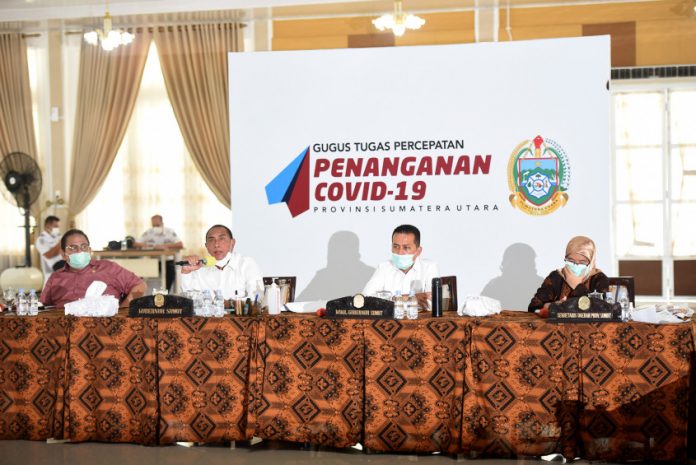 Musrenbang Rencana Kerja Pemerintah Daerah Provinsi Sumut bersama bupati atau walikota se-Sumut di Pendopo Rumah Dinas Gubernur, Kamis 23 April 2020