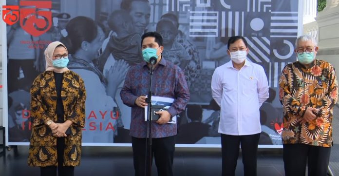 Menteri BUMN Erick Thohir memberikan keterangan pers mengenai uji klinik vaksin corona baru di Komplek Istana Kepresidenan Jakarta