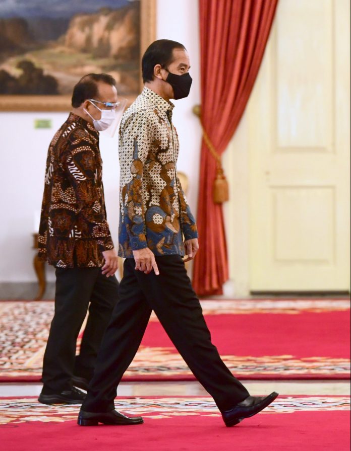 Presiden Joko Widodo meresmikan Pembukaan Rapat Kerja Kejaksaan Republik Indonesia Tahun 2020 secara virtual dari Istana Negara, Senin, 14 Desember 2020 2