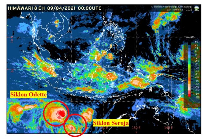Citra satelit terkait perkembangan Siklon Tropis Seroja dan Pertumbuhan Siklon Tropis Odette