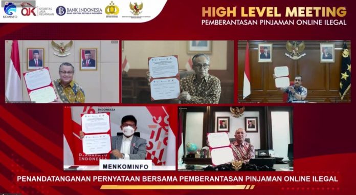 Penandatanganan Pernyataan Bersama Pemberantasan Pinjaman Online Ilegal, Jumat (20 Agustus 2021), secara virtual. (Sumber Humas OJK)