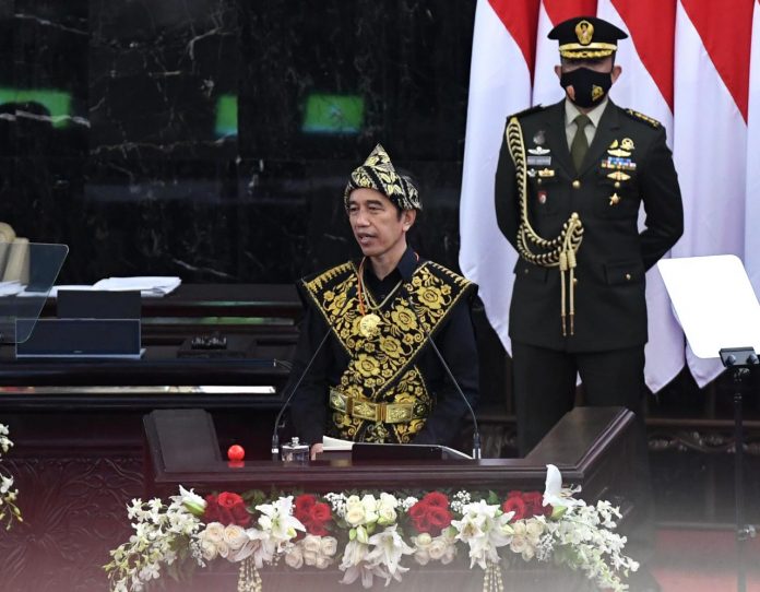 Presiden Joko Widodo saat menyampaikan Pidato Kenegaraan dalam rangka HUT ke-75 Kemerdekaan RI, Jumat (14 Agustus 2020) lalu. (Foto BPMI Setpres)
