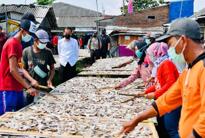 Presiden saat meninjau pelaksanaan vaksinasi secara pintu ke pintu di Kampung Nelayan Sentolo Kawat, Kabupaten Cilacap