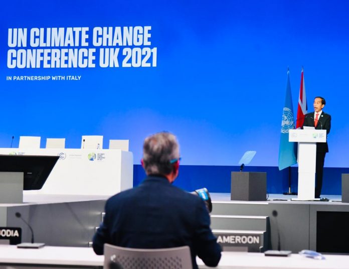 Presiden Joko Widodo menyampaikan pidatonya pada KTT Pemimpin Dunia tentang Perubahan Iklim atau COP26