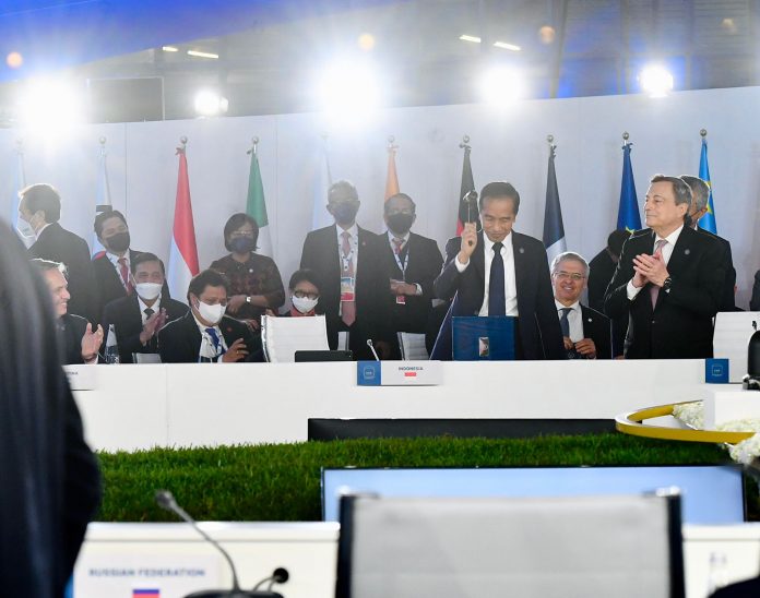 Sesi penutupan KTT G20 Roma yang berlangsung di La Nuvola, Roma, Italia, pada Minggu, 31 Oktober 2021
