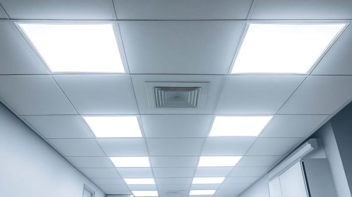 Ceiling lighting design in a modern office environment with brig Lampu