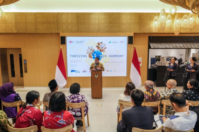 Menteri Ekonomi Kreatif, Teuku Riefky Harsya, memberi sambutan pada seremoni penutupan Paviliun Indonesia di ajang Osaka World Expo 2025, Osaka, Senin (13 Okt 2025).