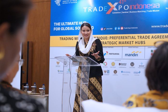Wakil Menteri Perdagangan RI Dyah Roro Esti Widya Putri dalam forum bisnis bertajuk Trading with Mozambique PTA in Strategic Market Hub di TEI 2026